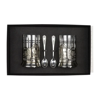 Набор подстаканников "Спасская башня и Георгий Победоносец" никелированный с чернением