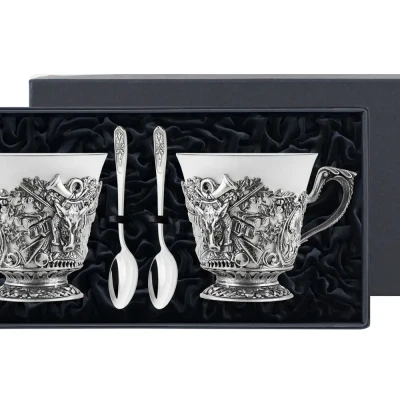 Набор чайных чашек "Кабан": ложка, чашка посеребренный полированный с чернением