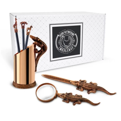 Набор канцелярский "Сафари" медный с черненнием 6 предмета (лупа+нож д/писем+карандашница+3 карандаша)