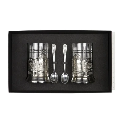 Набор подстаканников "Спасская Башня и Храм Христа Спасителя" никелированный с чернением