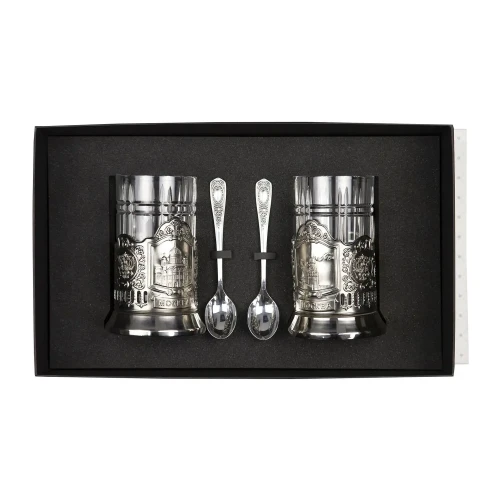 Набор подстаканников "Спасская Башня и Храм Христа Спасителя" никелированный с чернением