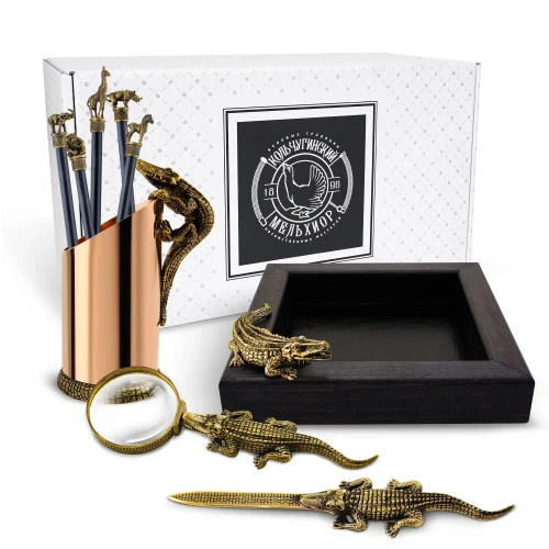 Набор канцелярский "Сафари" латунный с чернением 9 предметов (лупа+нож д/писем+подставка д/бумаги+карандашница+5 карандашей)