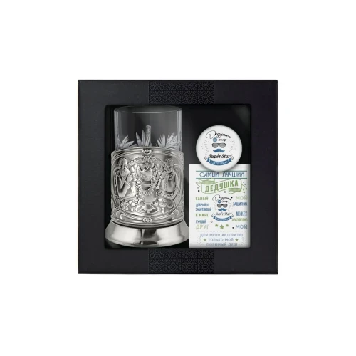 Набор для чая "Русское чаепитие" никелированный с чернением с открыткой и значком "Дедушке" Набор для чая "Русское чаепитие" никелированный с чернением с открыткой и значком "Дедушке"