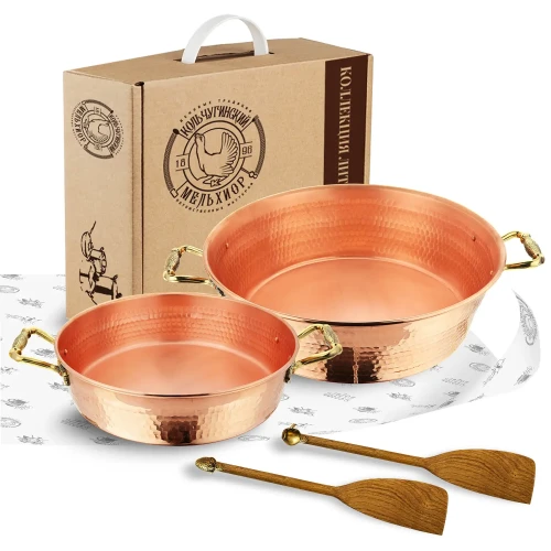 Набор медных кованных тазов 3 и 6 литров с лопатками "Лист" Набор медных кованных тазов 3 и 6 литров с лопатками "Лист"