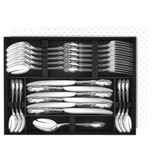 Набор столовый "Серебряная Роза": вилка, ложка, нож, чайная ложка посеребренный с чернением Набор столовый "Серебряная Роза": вилка, ложка, нож, чайная ложка посеребренный с чернением