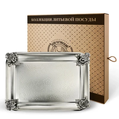 Поднос прямоугольный с накладками на углы "Виноград" медный посеребренный кованый