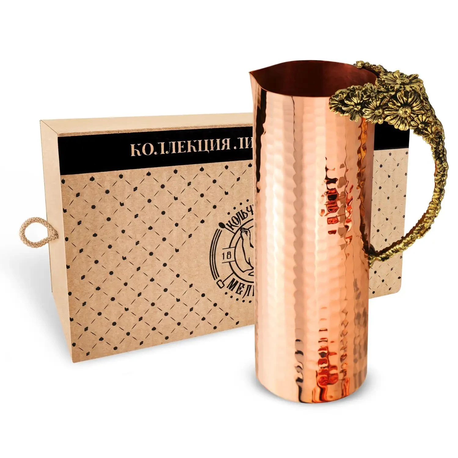 Кувшин медный кованый "Ромашки с латунной ручкой"