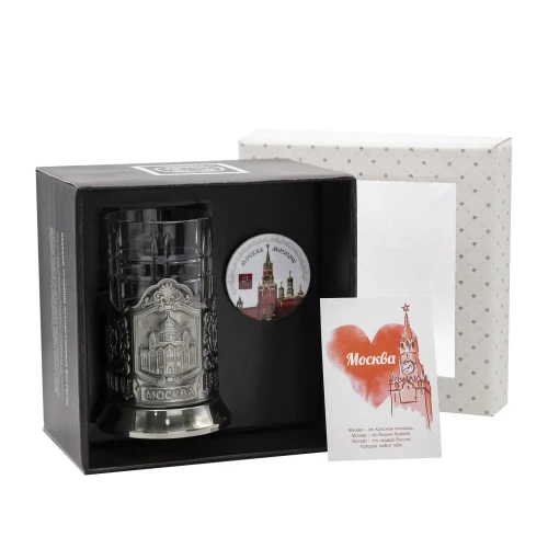 Набор для чая "Храм Христа Спасителя" никелированный с чернением  с открыткой и значком "Москва"