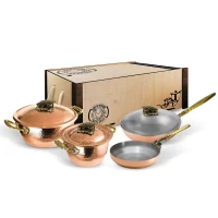 Набор медной посуды кованый "Кукуруза" 4 предмета (кастрюля 2,0 л, кастрюля 3,5 л, сотейник, сковорода) в коробе