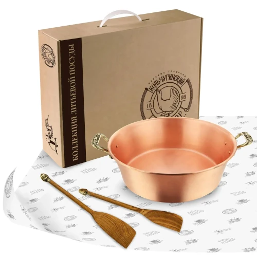 Медный таз с латунными ручками с лопатками "Ягоды" 6 литров