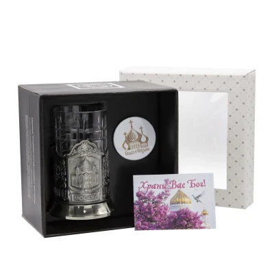 Набор для чая "Храм Христа Спасителя" никелированный с чернением с открыткой и значком "Спаси и сохрани" Набор для чая "Храм Христа Спасителя" никелированный с чернением с открыткой и значком "Спаси и сохрани"