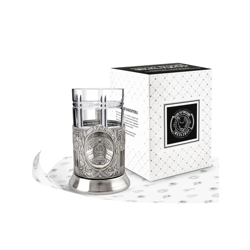 Набор для чая никелированный с чернением  "Герб Белоруссии"