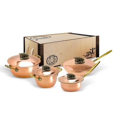 Набор медной посуды "Кукуруза" 4 предмета (кастрюля 2,0 л, кастрюля 3,5 л, сотейник, сковорода с медной крышкой) в коробе