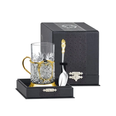 Набор для чая "Герб" литой посеребренный с позолотой Набор для чая "Герб" литой посеребренный с позолотой