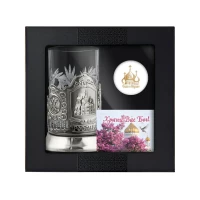 Набор для чая "Храм Спаса-на-Крови" никелированный с чернением  с открыткой и значком "Спаси и сохрани"