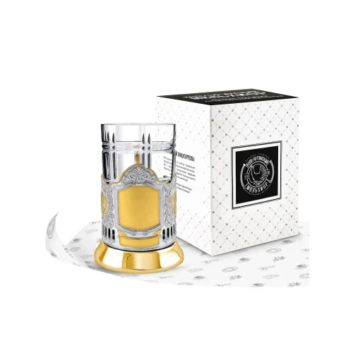 Набор для чая никелированный с позолотой "Обезличенный 2 Герба РФ" Набор для чая никелированный с позолотой "Обезличенный 2 Герба РФ"