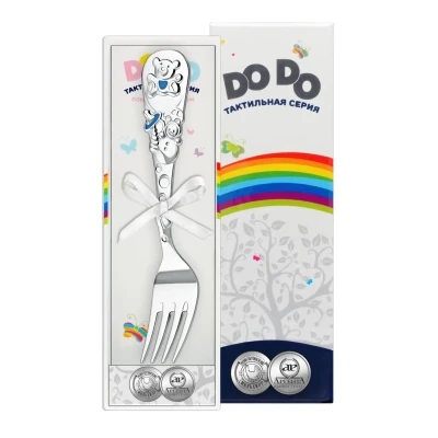 Вилка детская посеребренная "Мишка" с голубой с эмалью