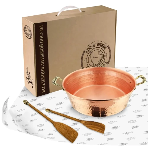 Медный кованный таз с лопатками для вренья "Ягоды" 6 литров