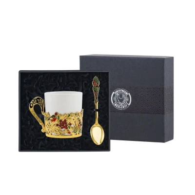 Набор чайная чашка "Рябина": ложка, чашка с позолотой и с эмалью