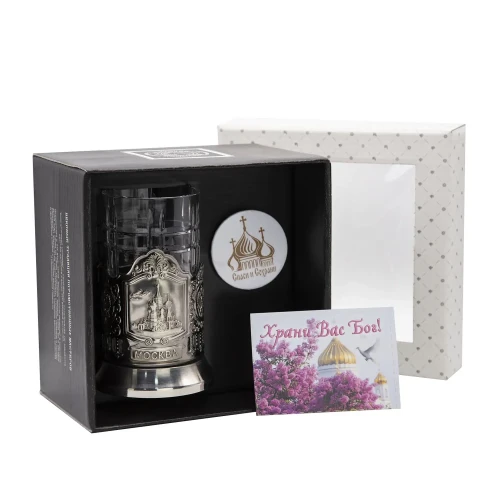 Набор для чая "Храм Василия Блаженного" никелированный с чернением с открыткой и значком "Спаси и сохрани" Набор для чая "Храм Василия Блаженного" никелированный с чернением с открыткой и значком "Спаси и сохрани"