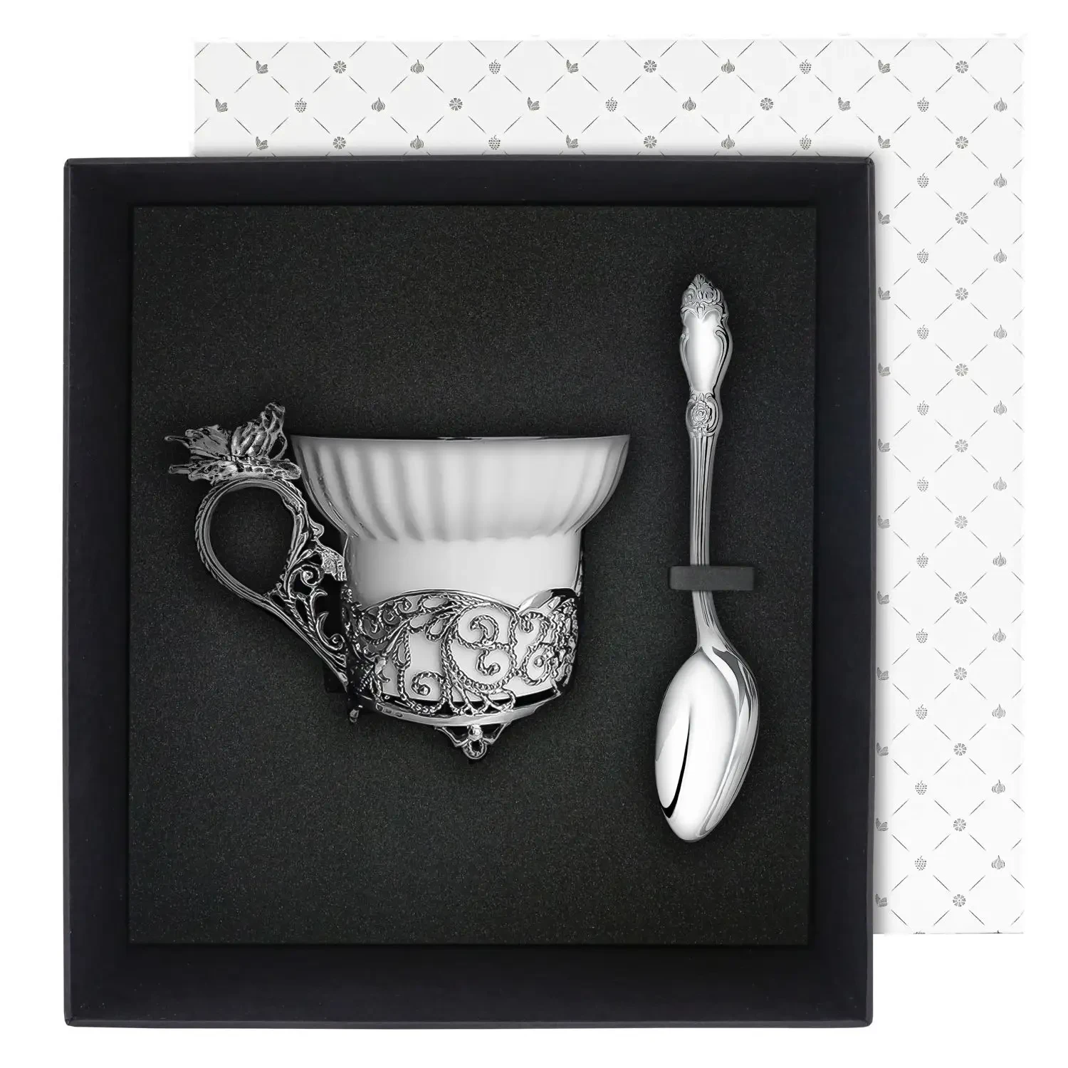 Набор чайный на 1 персону "Зимние узоры Бабочка" посеребренный с черением : чашка, ложка