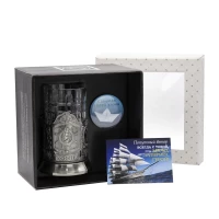 Набор для чая "Штурвал" никелированный с чернением  с открыткой и значком "Капитан"