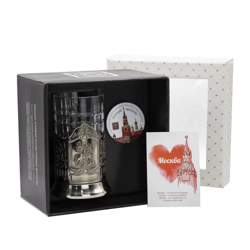 Набор для чая "Георгий Победоносец" никелированный с чернением с открыткой и значком "Москва"