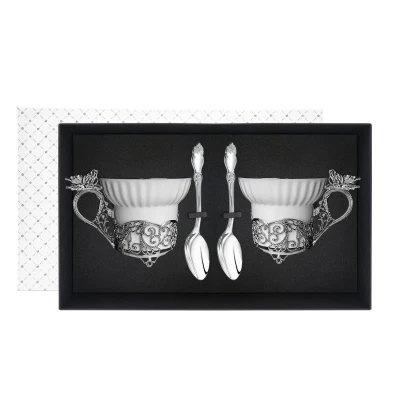 Набор чайный на 2 персоны "Зимние узоры Бабочка" посеребренный с черением : чашка, ложка