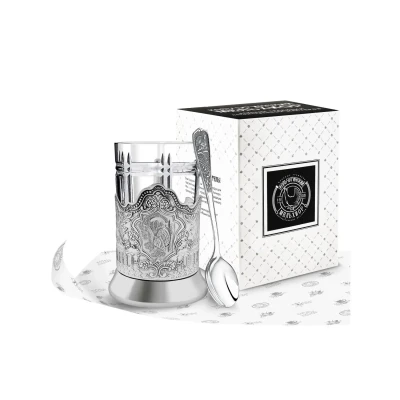 Набор для чая "Кольчугинские зори": ложка, стакан,подстаканник посеребренный