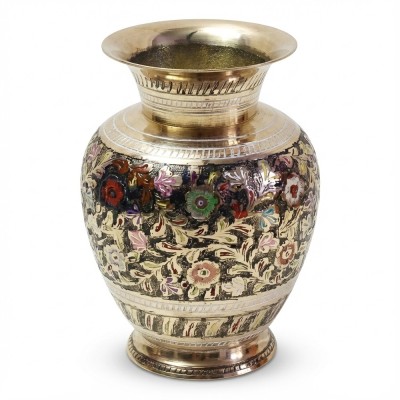 Ваза «Бочка» латунь резная тёмная цветная эмаль h-15 см