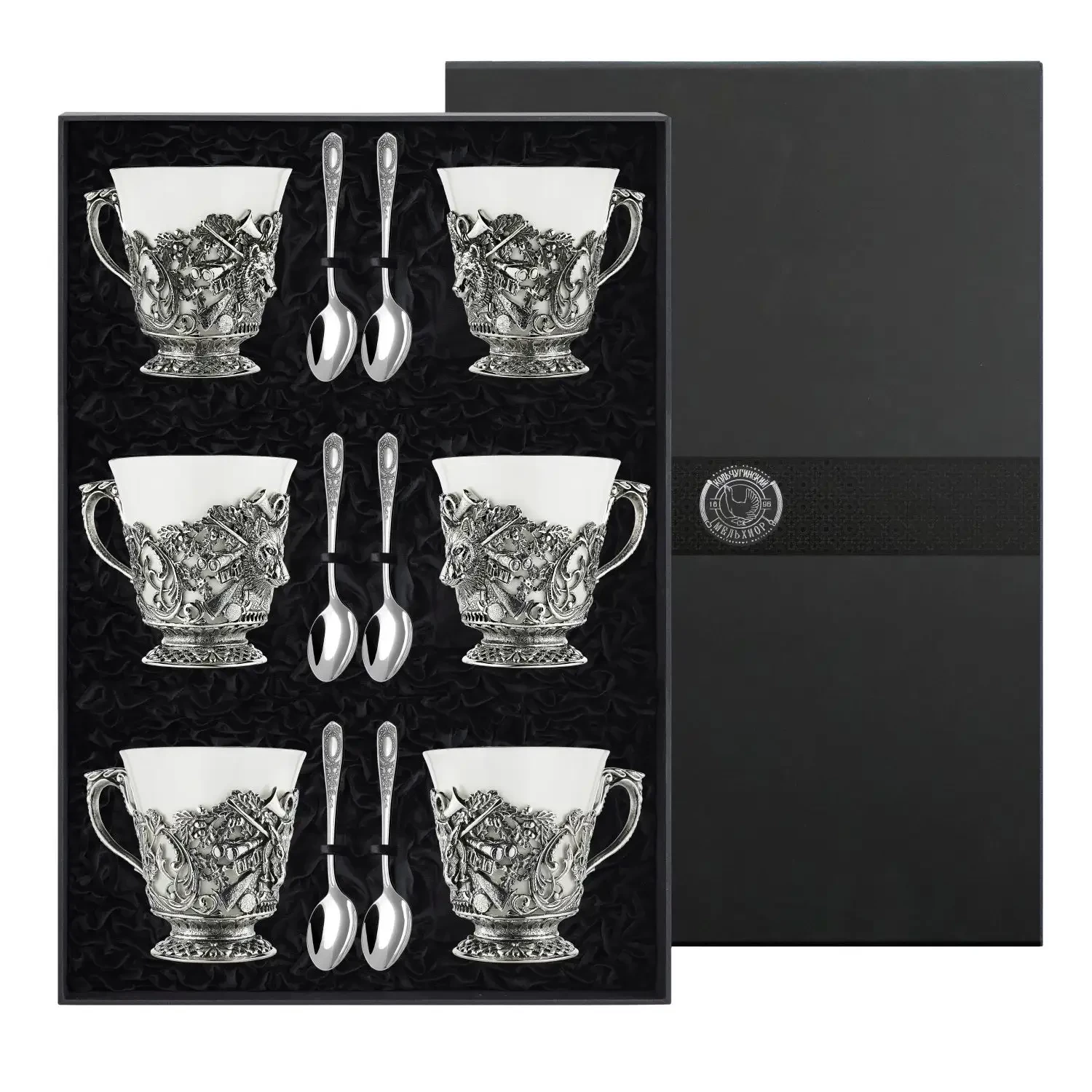 Набор чайных чашек "Охотничий": ложка и чашка посеребренный с чернением