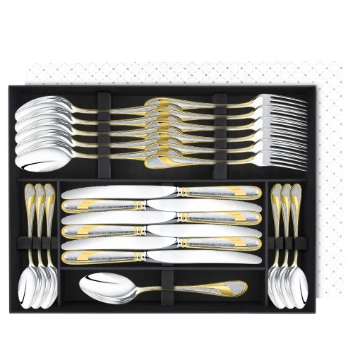 Набор столовый "Метелица": вилка, ложка, нож, чайная ложка посеребренный с позолотой.Набор на 6 персон.