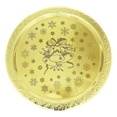 Поднос декоративный круглый с лаз. гравировкой "Колокольчики" латунный