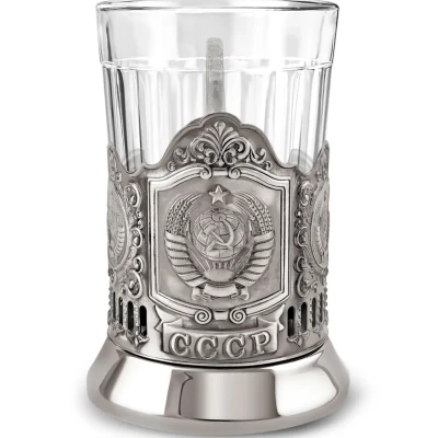Набор для чая "Герб СССР" никелированный с чернением с граненым стаканом