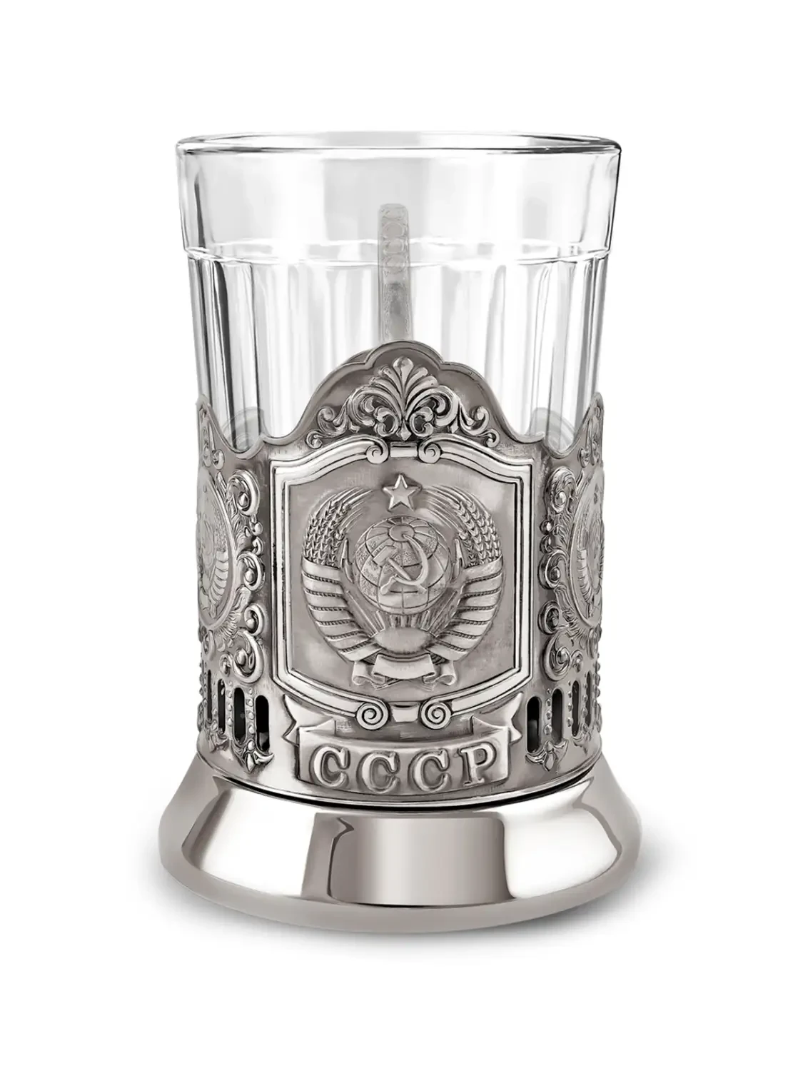 Набор для чая "Герб СССР" никелированный с чернением с граненым стаканом