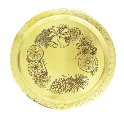 Поднос декоративный круглый с лаз. гравировкой "Рождественский венок" латунный