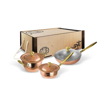 Набор медной посуды кованый "КМ" 3 предмета (кастрюля 2,0 л, сковорода, сотейник) в коробе