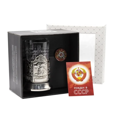 Набор для чая "Комбат" никелированный с чернением с открыткой и значком