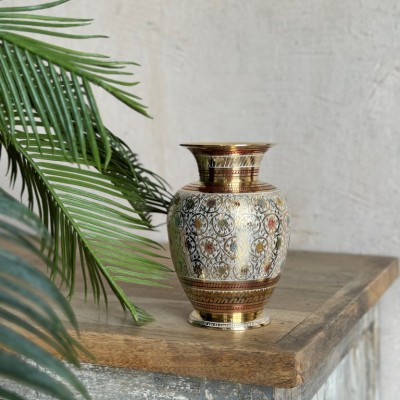 Ваза «Бочка» латунь резная BIDRI белая эмаль h-18 см