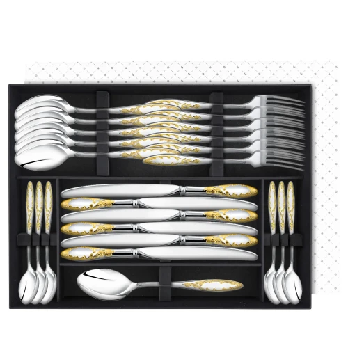 Набор столовый "Пламя": вилка, ложка, нож, чайная ложка посеребренный с позолотой, на 6 персон