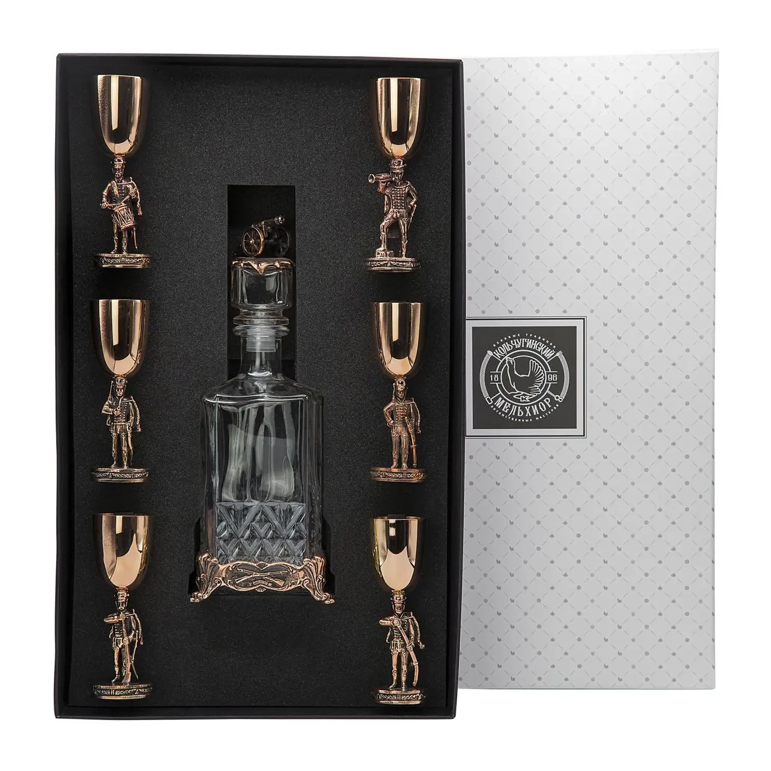 Набор "Аты-Баты" : штоф, 6 рюмок медных с чернением