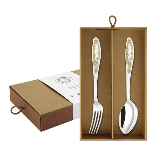 Набор столовый "Пламя" вилка и ложка посеребренный с позолотой