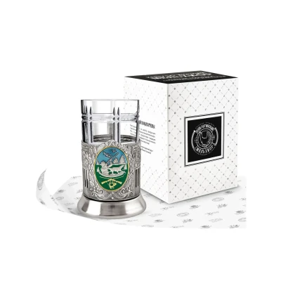 Набор д/чая  никелированный с позолотой  и с эмалью ''Охотник (Советский) "