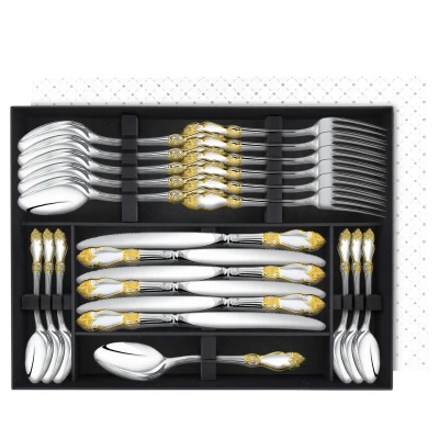 Набор столовый "Серебряная Роза": вилка, ложка, нож, чайная ложка посеребренный с позолотой, на 6 персон