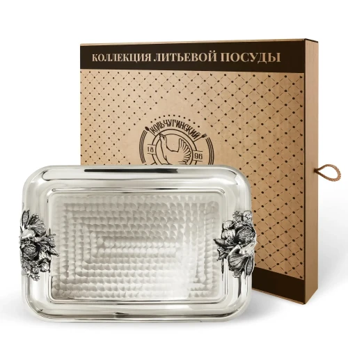 Поднос прямоугольный с накладками "Овощи" медный посереб. кованый