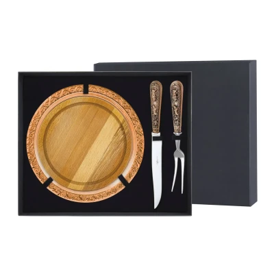 Набор для мяса с разделочной доской и подносом "Лось" медный с чернением 4 предмета в  футляре