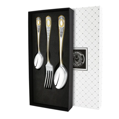 Набор столовый №1: вилка, ложка, чайная ложка посеребренный с позолотой Набор столовый №1: вилка, ложка, чайная ложка посеребренный с позолотой