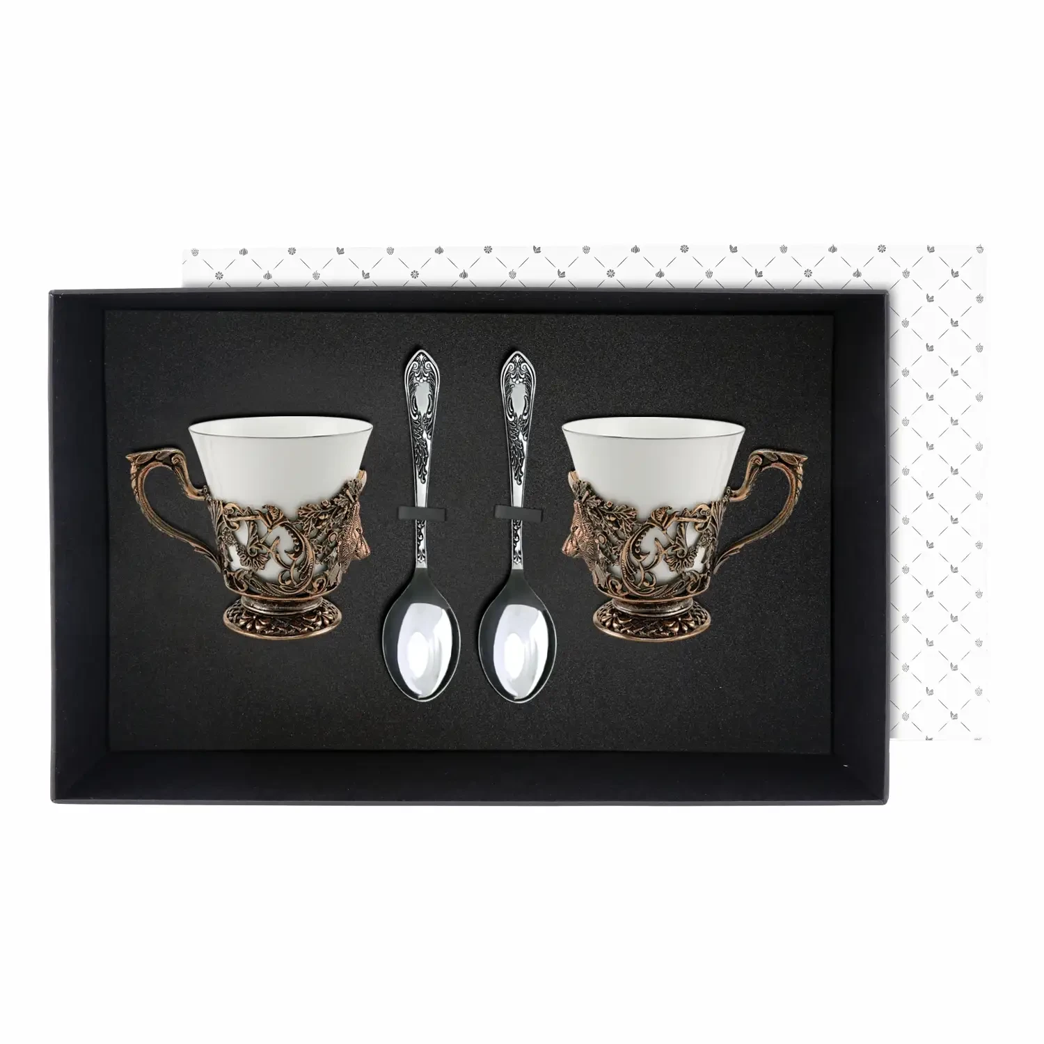 Набор чашек чайных "Волк Медведь" медный с чернением 4 предмета (чашка+ложка)