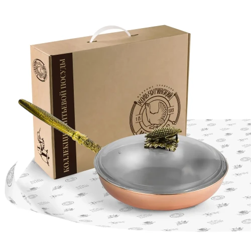 Сковорода средняя медная с лужением с крышкой "Кукуруза" с резной ручкой Сковорода средняя медная с лужением с крышкой "Кукуруза" с резной ручкой