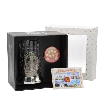 Набор для чая "Владимир" никелированный с чернением  с открыткой и значком "Золотое кольцо"